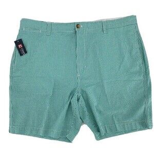 Chaps Shorts 42 Men's Bermuda 9" Green Check Flat Front Cotton Casual NEW